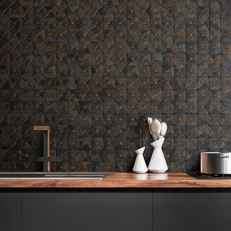 DICOFUN 1 Sheet Rustic Slate Look Peel and Stick Backsplash Tile, Mixed Glass Self-Adhesive Mosaic Tiles, Stainless Steel Stick on Wall Tiles for Kitchen and Bathroom Backspalsh, Mirror Decor - Image 2